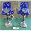 Image 1 : PAIR TABLE LAMPS W/COBALT CUT TO CLEAR SHADES