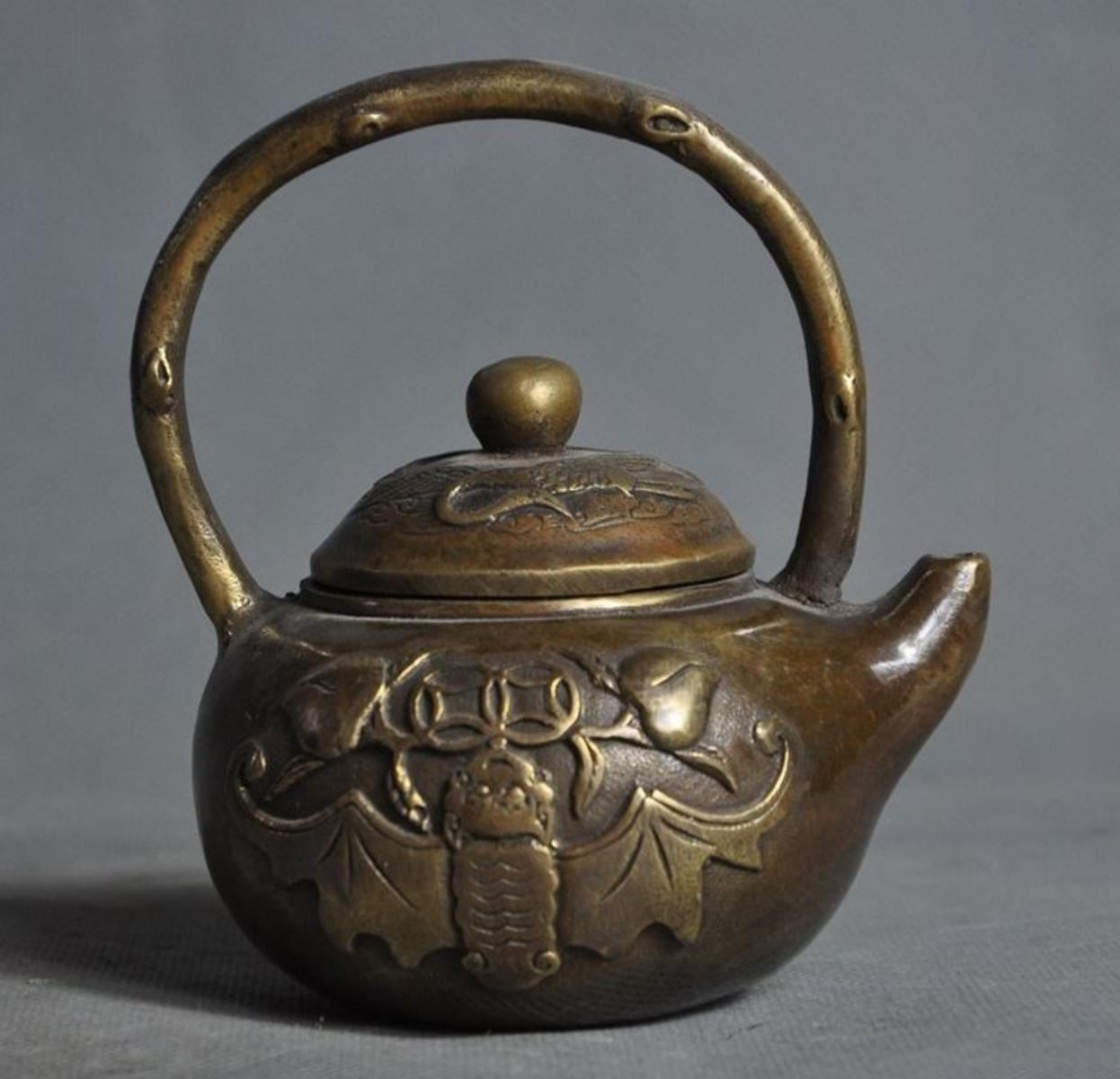 Old Chinese Bronze Crane Bat Peach Statue Teapot