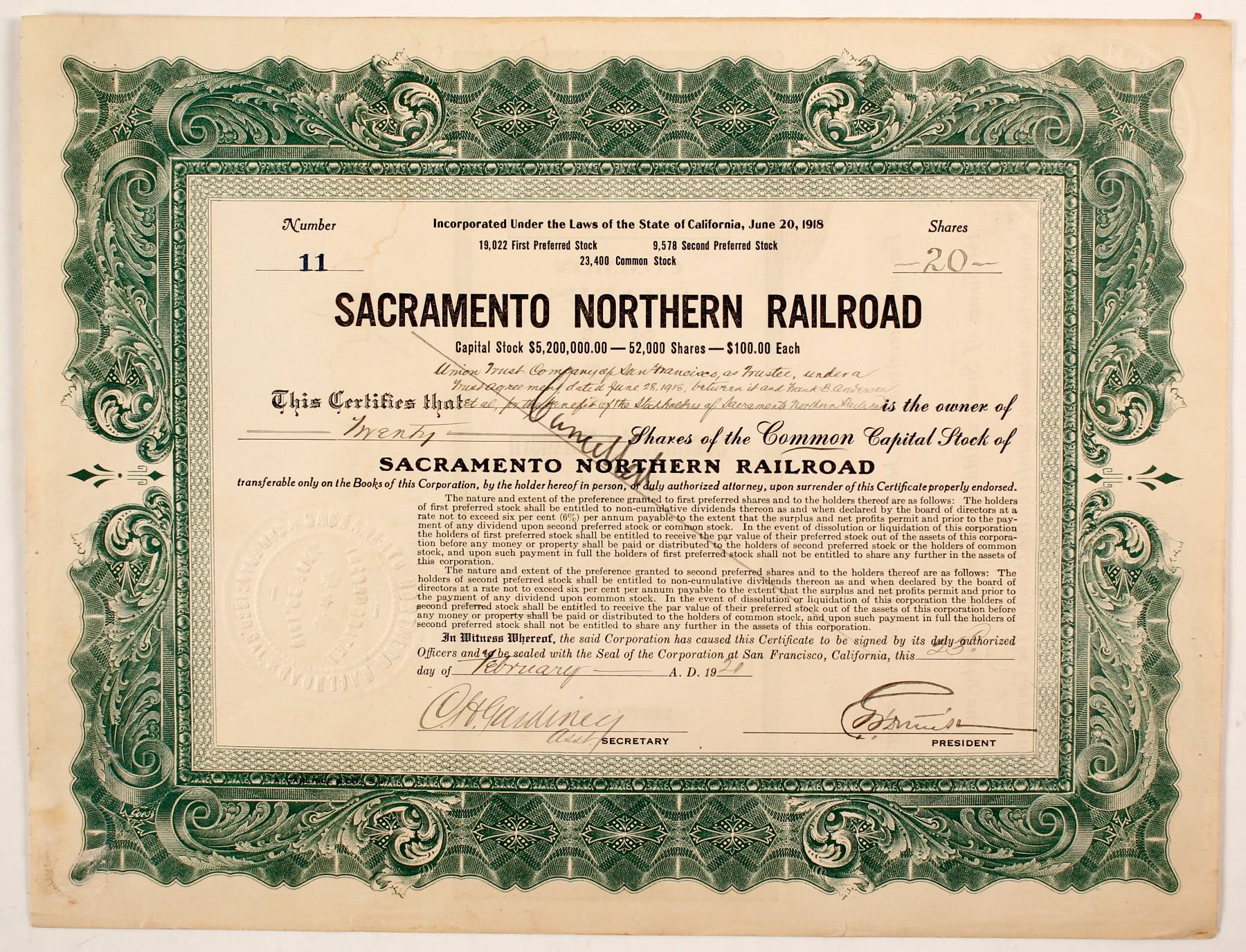 California Sacramento Northern Railroad Stock Certificate