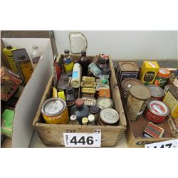 WOOD BOX WITH COLLECTION OF SPICE TINS AND BOTTLES