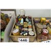 Image 1 : WOOD BOX WITH COLLECTION OF SPICE TINS AND BOTTLES