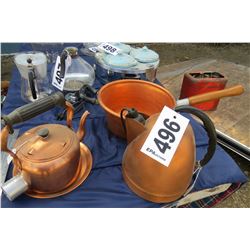 2 COPPER KETTLES, TRAY AND POT