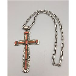Coral and Sterling Cross with Chain