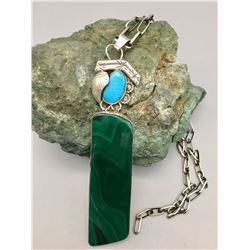 Unique Turquoise and Malachite Pendant on Handmade Chain