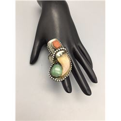 Bear Claw Turquoise and Coral Ring