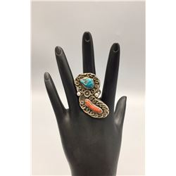 Vintage Turquoise, Coral, Sterling Ring