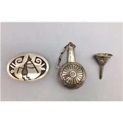 Sterling Silver Flask, Funnel, and Pill Box