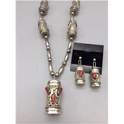 Drum Bead Sterling Silver and Coral Necklace Set