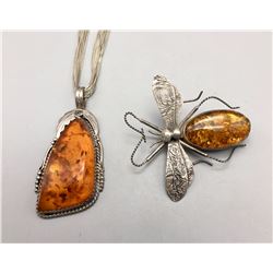 Amber Necklace and Dragonfly Pin