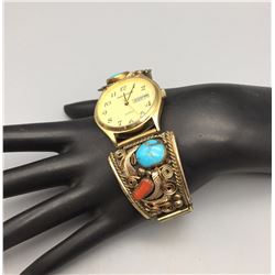 Vintage Turquoise and Coral Watch Bracelet