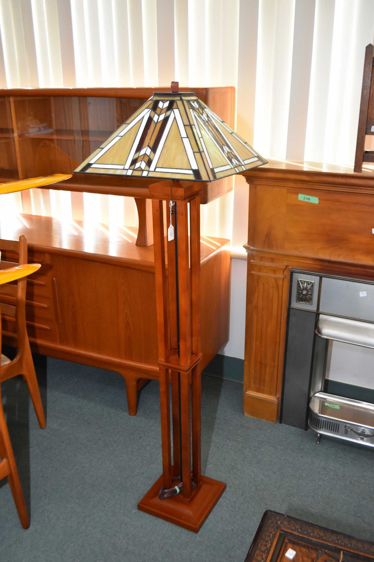 Modern Mission style floor lamp with slag glass leaded shade