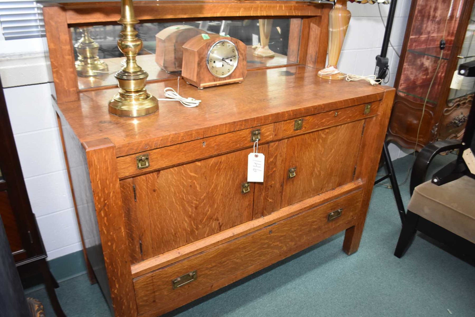 Antique Quarter Cut Oak Mission Style Sideboard With Three Drawers And Two Doors Topped With Mirror Antique Mission Oak Sideboard With Mirror