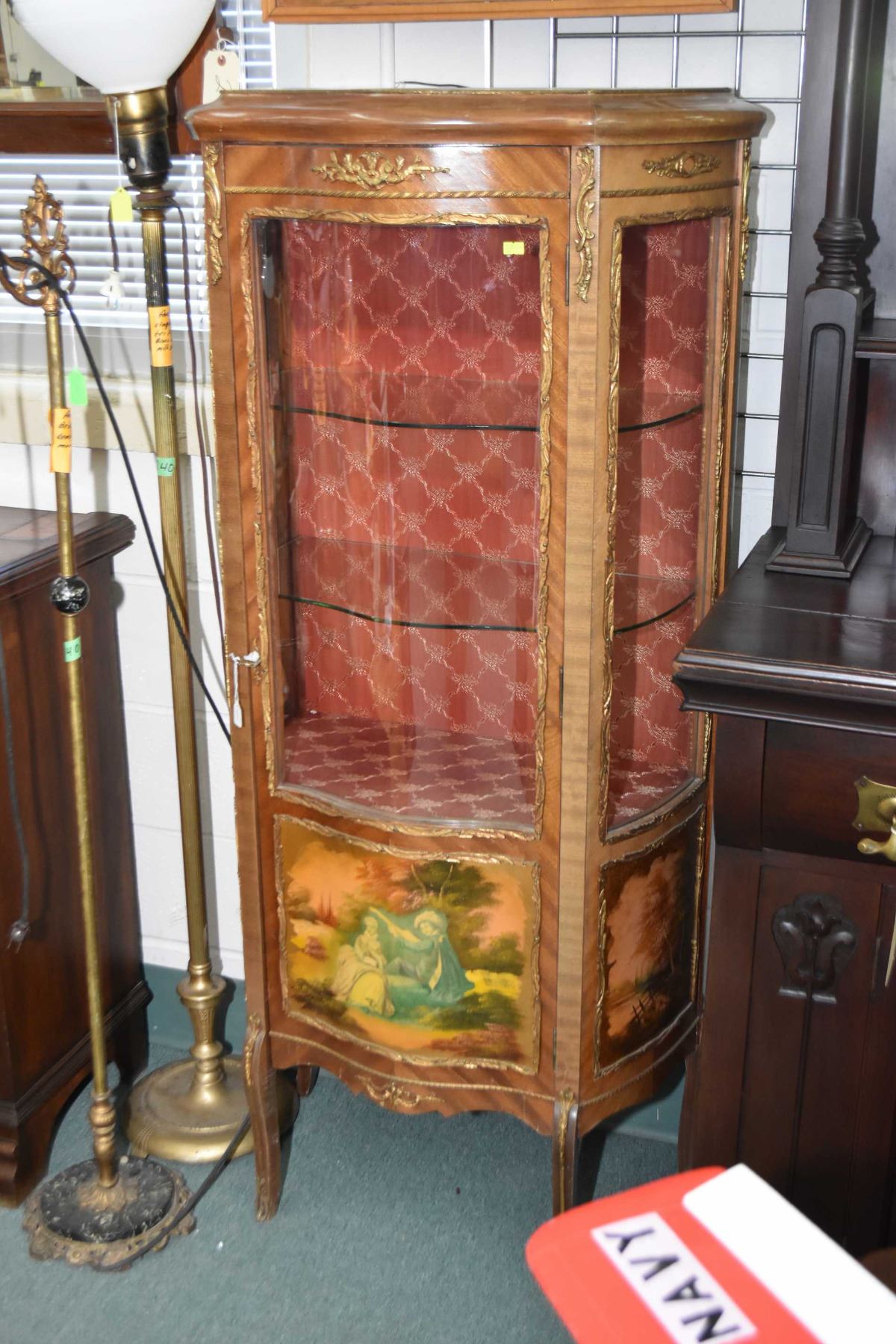 Antique Display Cabinet With Curved Glass Door With Hand Painted