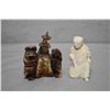 Image 1 : Small vintage carved Oriental Foo dog and pagoda snuff bottle and a carved bone figure 2 1/2" in hei