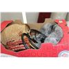 Image 1 : WOVEN BASKET, AND 2 PURSES