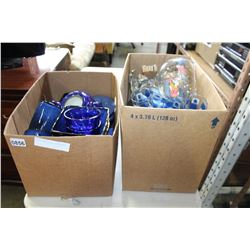 BOX OF BLUE DISHES AND GLASSES