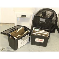 TWO TOOL BOXES , DEFIBRILLATOR CASE AND FLOOR FAN