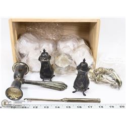 WOOD BOX OF SILVER PLATE INCL 8 NAPKIN RINGS ,