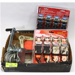BOX OF 3 NEW COME-ALONG STRAPS AND CABLE WINCH