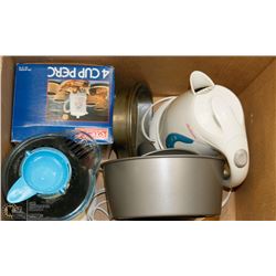 BOX OF ASSORTED KITCHENWARE, KETTLE, COFFEE PERK