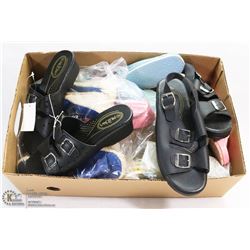 BOX OF NEW SLIPPERS AND SANDALS, SIZE 8 & MEDIUMS