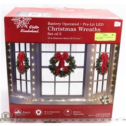 SET OF 3 PRE LIT LED WREATHS (NEW IN BOX)
