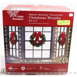 SET OF 3 PRE LIT LED WREATHS (NEW IN BOX)
