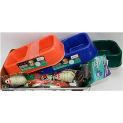FLAT OF PET FOOD AND WATERBOWLS, PET TOYS AND MORE