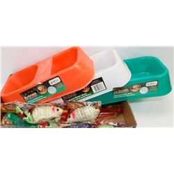 FLAT OF PET FOOD AND WATERBOWLS, PET TOYS AND MORE