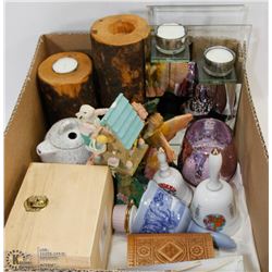 BOX W/CANDLE HOLDERS, COLLECTIBLE BELLS,