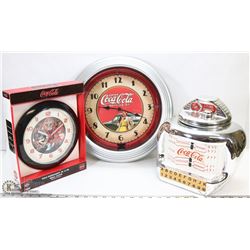 COCA COLA COOKIE JAR AND 2 CLOCKS, 1 IN PACKAGE
