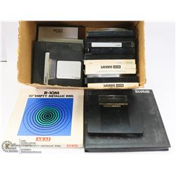 BOX OF REEL TO REEL TAPES AND REELS