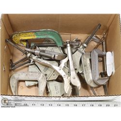 BOX OF ASSORTED WOOD WORKING CLAMPS AND PLIERS