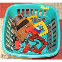 BASKET OF RIGHT ANGLE CLAMPS, C CLAMPS, TOOL BELT