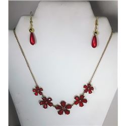 1)  GOLD TONE & RED FLOWER NECKLACE