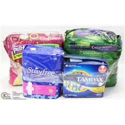 LOT OF ASSORTED FEMININE HYGIENE, HUGGIE PULLUPS &