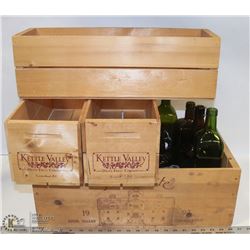 4 WOODEN WINE BOXES INCL. WINE AND "DRIED FRUIT"