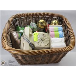 BASKET OF CANDLE HOLDERS/MASK, SCRAPBOOKING