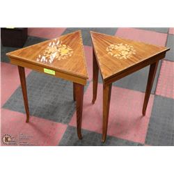 2 VINTAGE TRIANGLE SHAPED END TABLES WITH OPENING