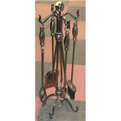 5 PC WROUGHT IRON FIRE PLACE PEWTER SET