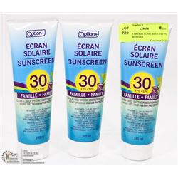 LOT OF 3 OPTION SUNSCREEN 30 SPF, - 240ML BOTTLES