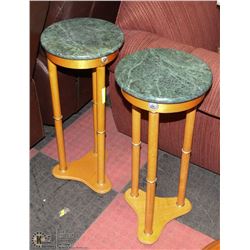 2 OAK AND GREEN MARBLE PLANT STANDS