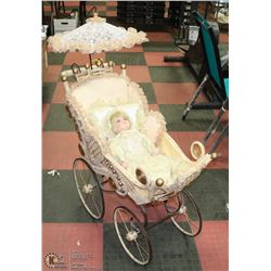 LARGE VINTAGE WICKER CARRIAGE WITH PALMARY