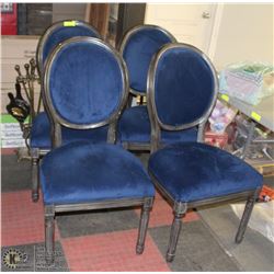 LOT OF 4 WOOD & BLUE FABRIC SHOWHOME STYLE CHAIRS