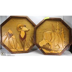 PAIR OF HEXAGON WOOD CRAFT PICTURES, 1 MOUNTAIN