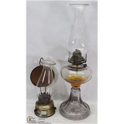 PAIR OF ESTATE COAL OIL LAMPS, 1 IS TURNING PURPLE