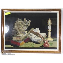 1985 PETIT POINT PICTURE OF OWL/BOOKS/CANDLE