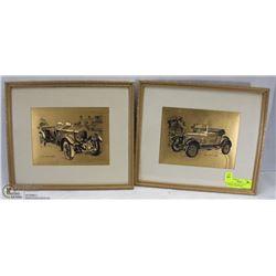 PAIR OF GOLD LEAF 13" X 11" ANTIQUE CAR PICTURES