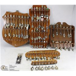 BOX OF COLLECTOR SPOONS WITH RACKS