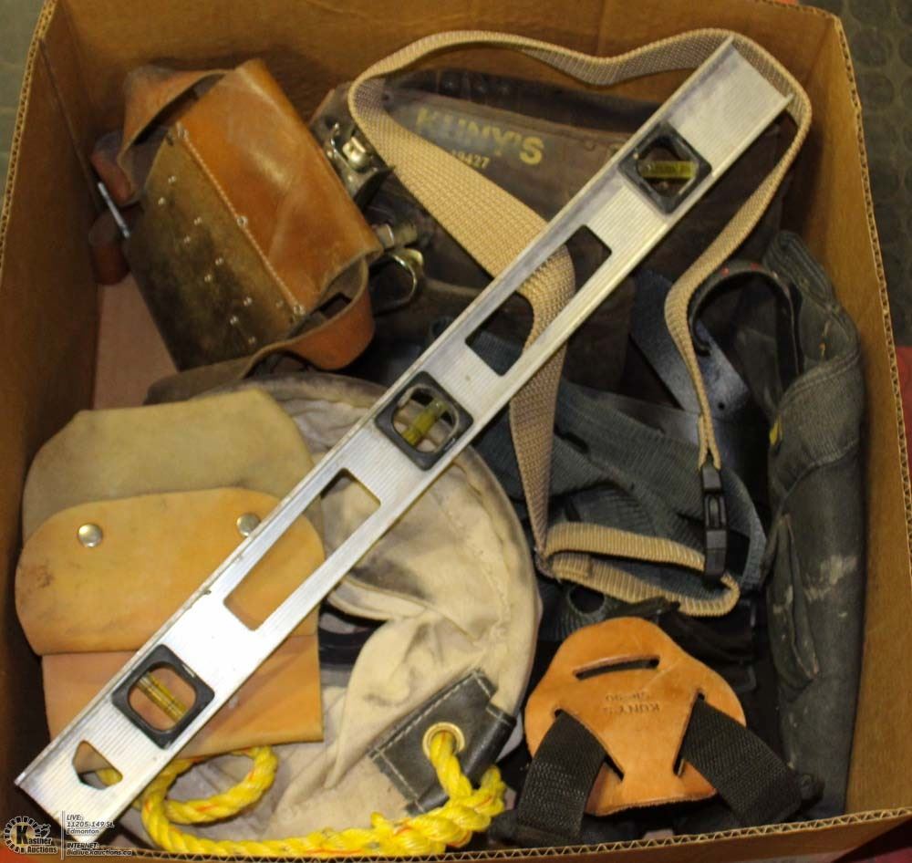 LARGE BOX W/KUNYS LEATHER TOOL BELT,